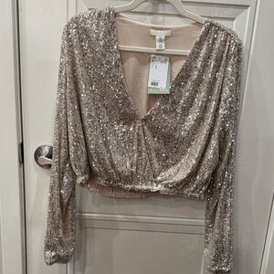 Elegant Sequin V-Neck Blouse - Champagne